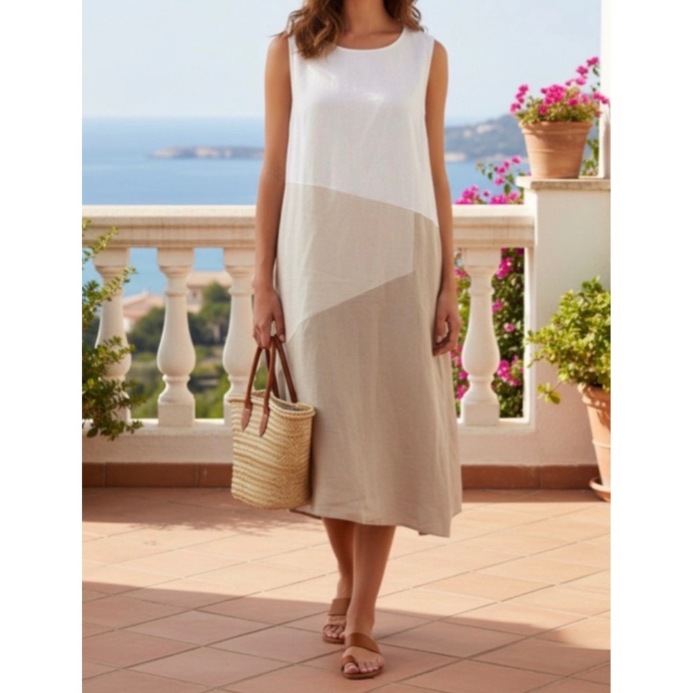 Linen Blend Beige Summer Midi Shift Dress Tan White Womens Large